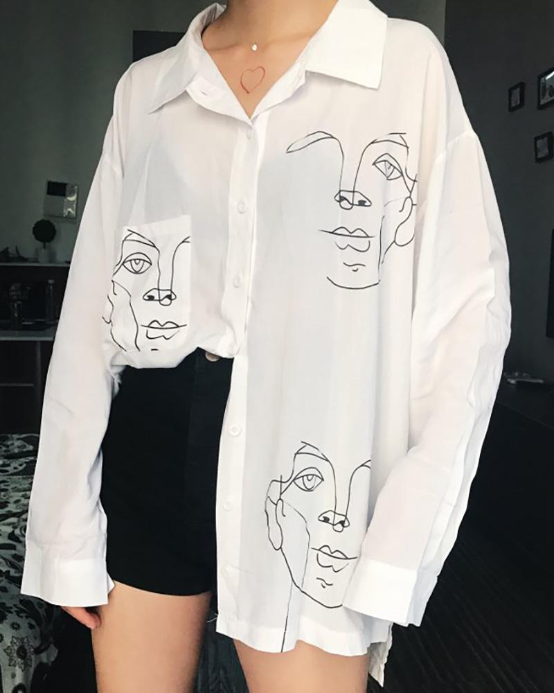 

Print Long Sleeve Buttoned Shirt, White