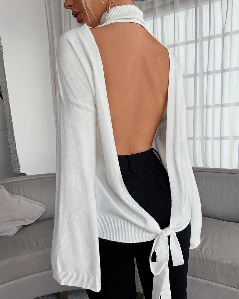 

Tied Detail Backless Drop Shoulder Sweater, Beige