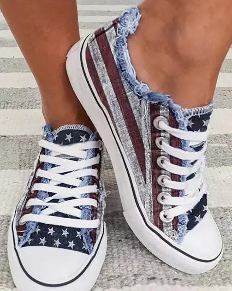 

Fringe Hem Star Striped Print Lace-up Canvas Shoes, Blue&red