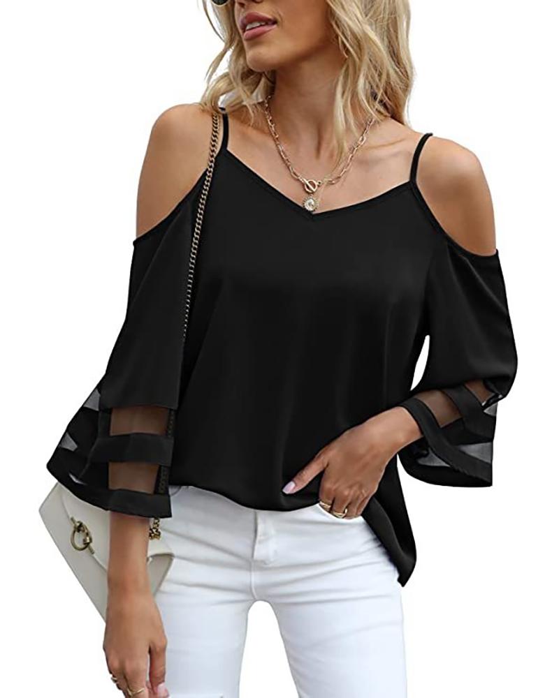 

Sheer Mesh Patch Bell Sleeve Cold Shoulder Top, Black