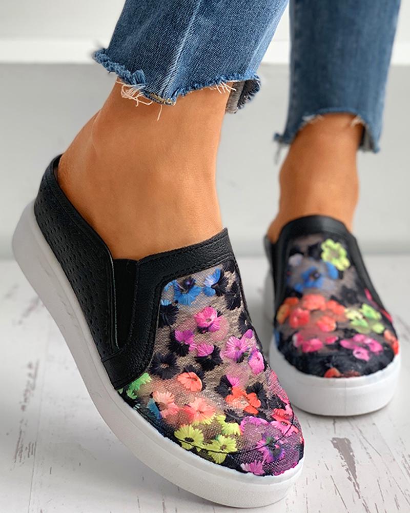 

Floral Pattern Sheer Mesh Casual Muffin Shoes, Black
