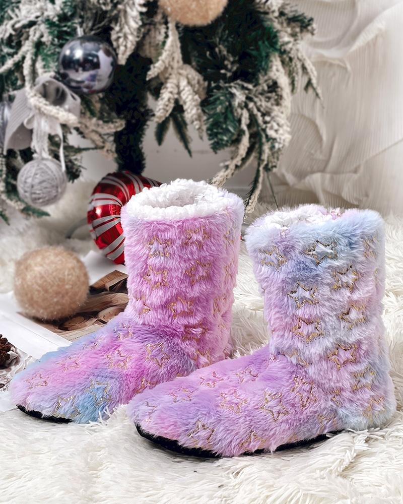 

Meias chinelo com estampa de estrela de Natal para mulheres, meias felpudas, grossas, térmicas, aconchegantes para casa, Pink
