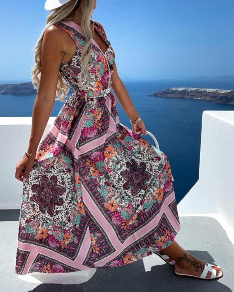 

Scarf Floral Print Sleeveless Belted Wrap Dress, Pink
