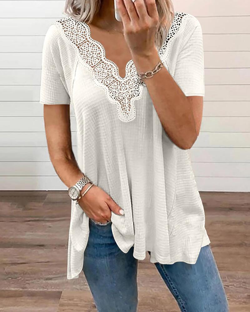 

V-Neck Crochet Lace Casual Top, White