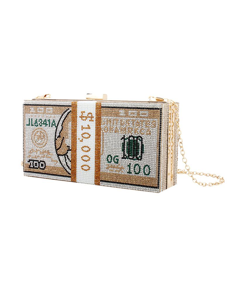 

Dollar Pattern Studded Beaded Chain Bag, Gold