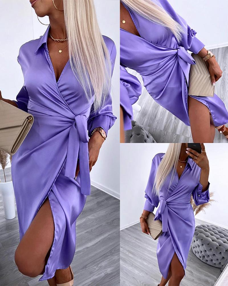 

Knotted Slit Ruched Satin Shirt Dress, Purple