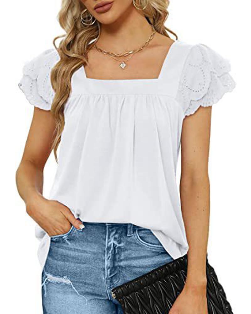 

Squre Neck Ruffle Sleeve Ruched Top, White