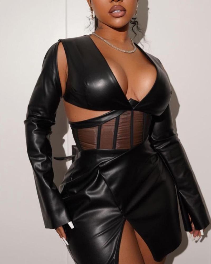

PU Leather Cutout Contrast Mesh Corset Dress, Black
