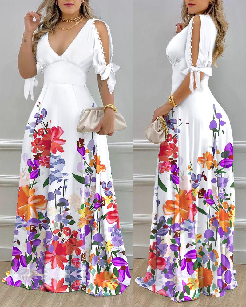 

Floral Print Split Sleeve Pearls Decor Maxi Dress, White