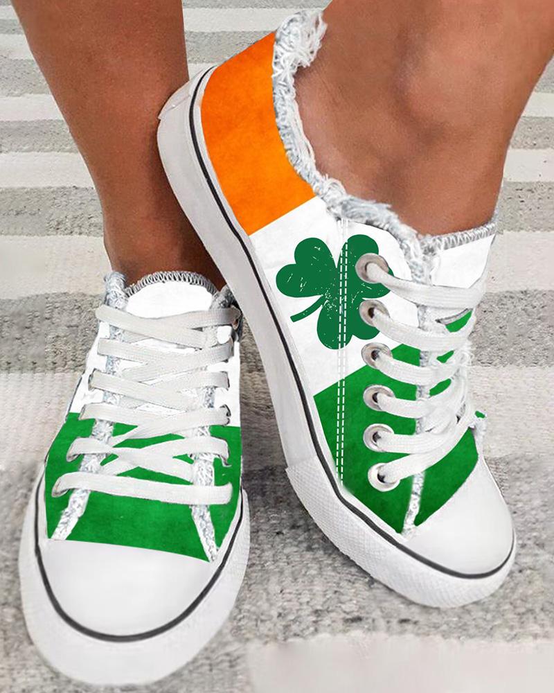 

St. Patrick's Day Clover Print Colorblock Canvas Sneakers, White&green