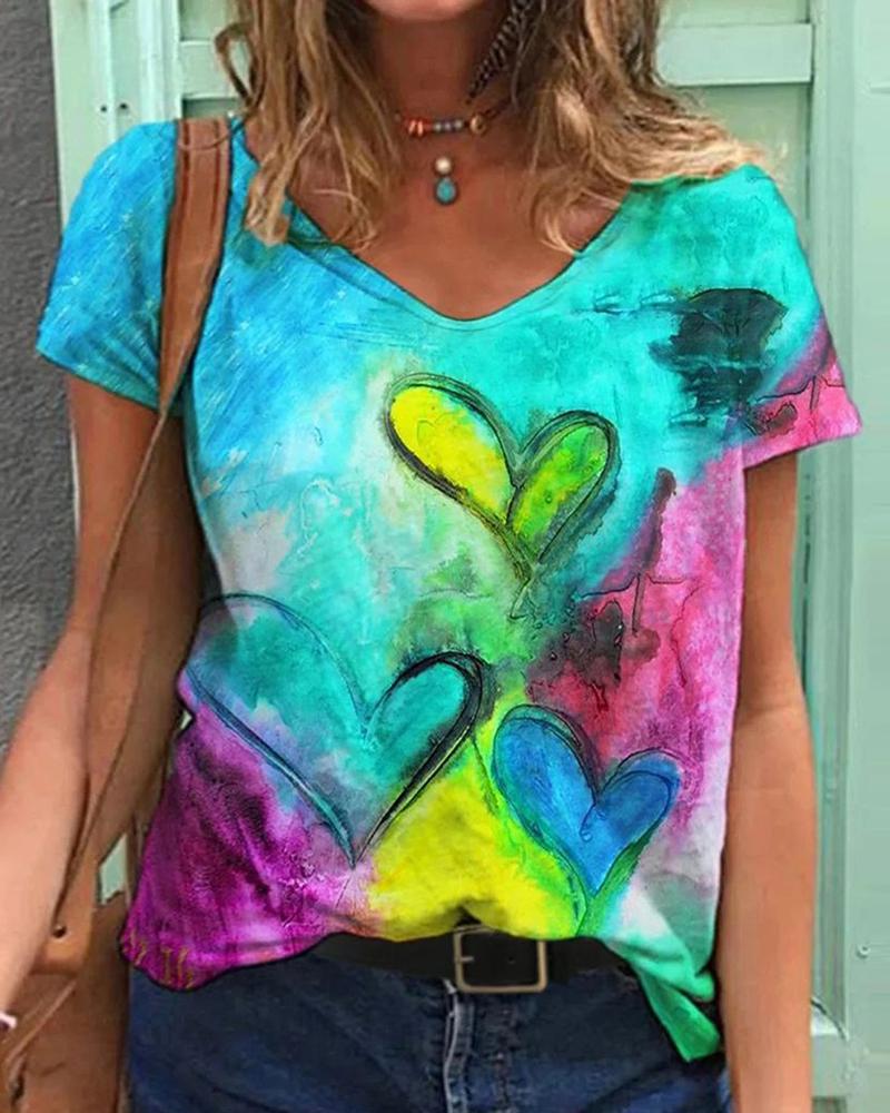 

Heart Print Colorblock Short Sleeve T-shirt, Green