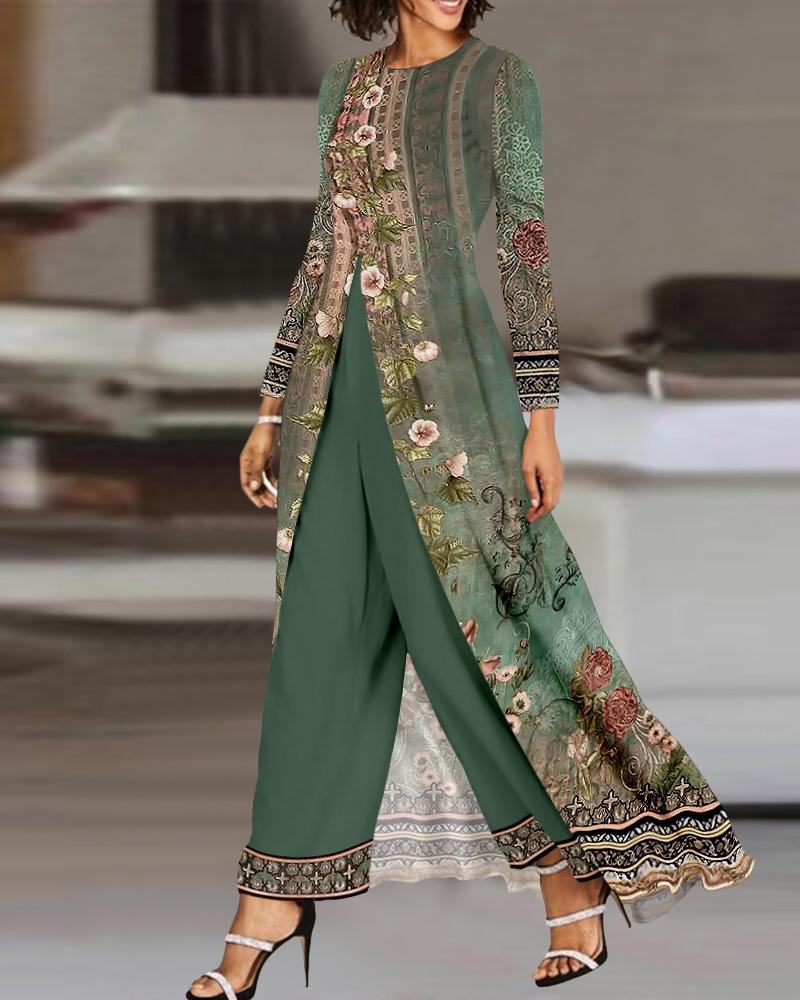 

Floral Tribal Print Long Sleeve Asymmetrical Jumpsuit, Green