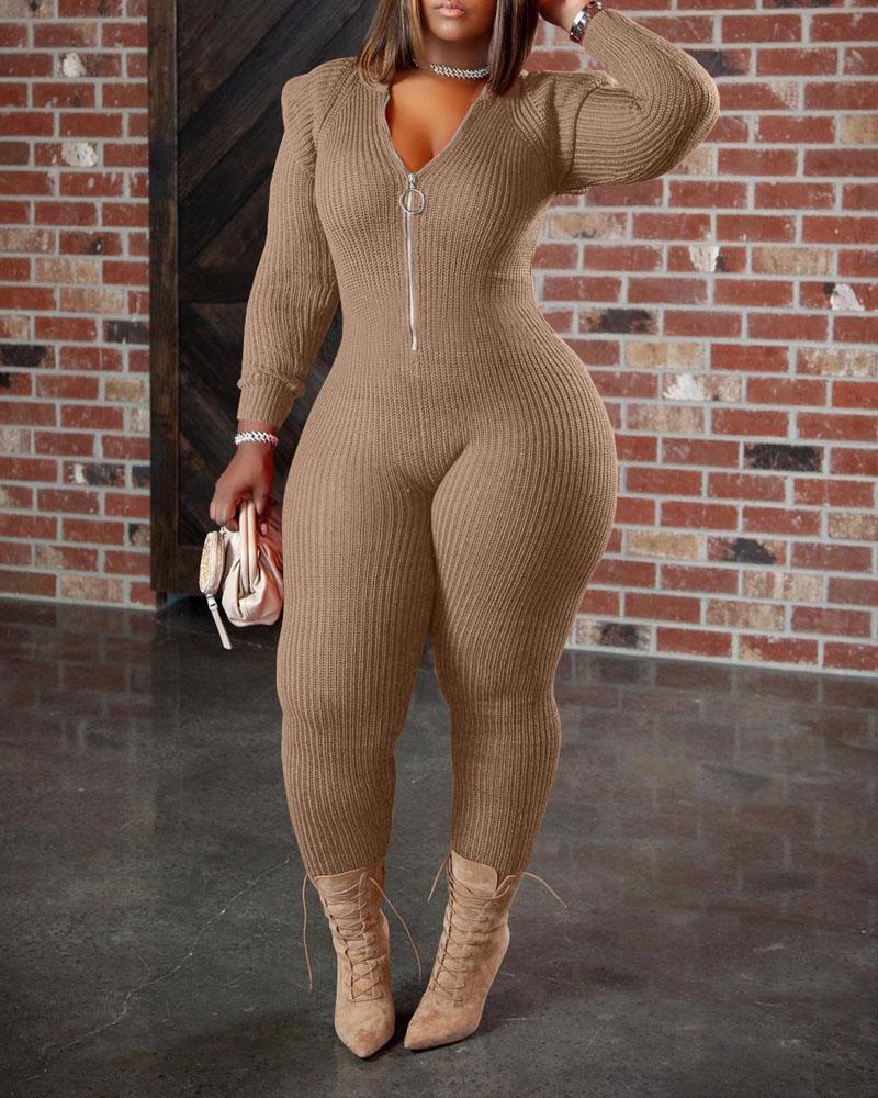 

Plus Size Shoulder Pad Zip Front Knit Hooded Jumpsuit, Khaki