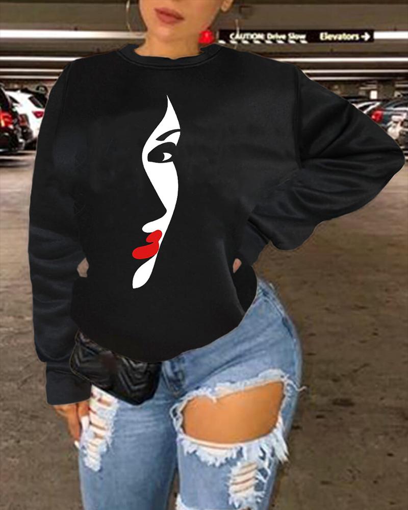 

Plus Size Abstract Figure Print Long Sleeve Sweatshirt, Black