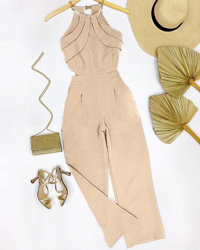 

Chain Strap Ruched Wide Leg Jumpsuit, Beige