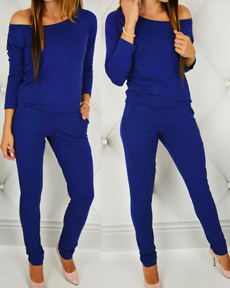 

Off Shoulder Bat-Wing Sleeve Jumpsuits, Blue