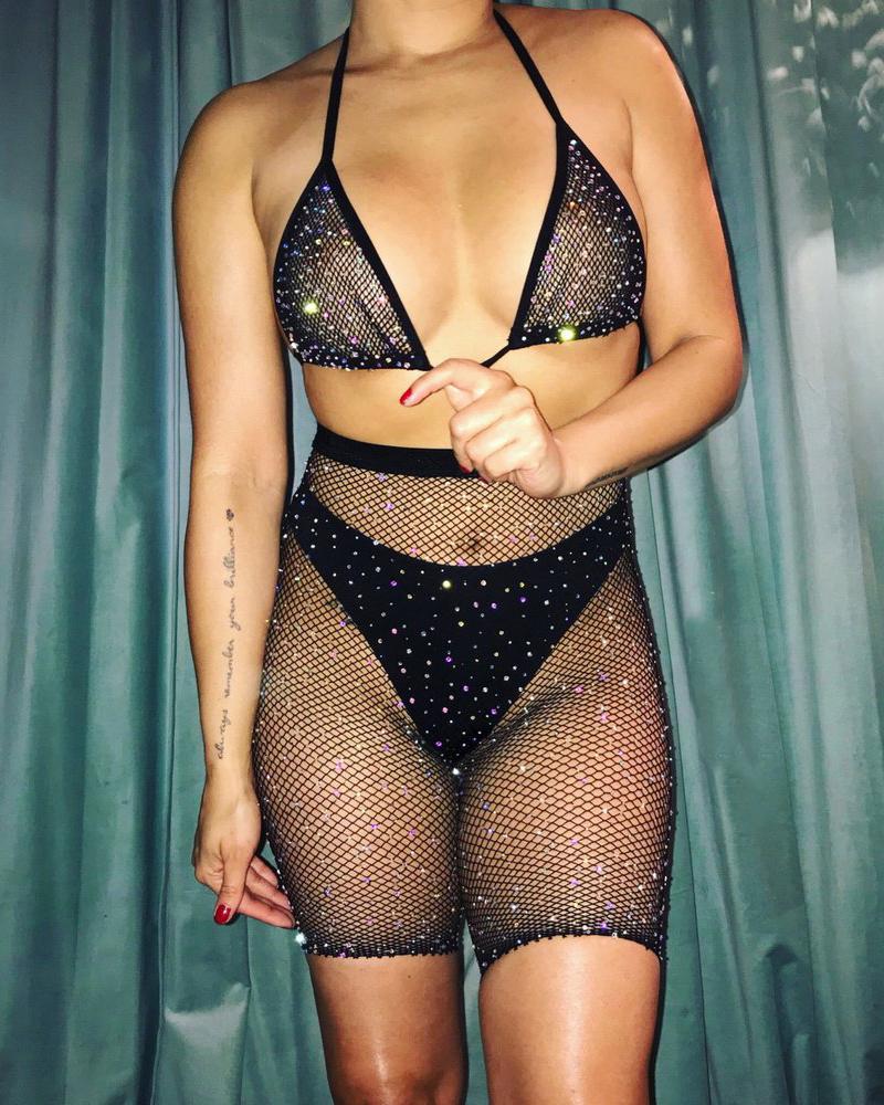 

Rhinestone Decor Mesh Sleeveless Bikini Set, Black