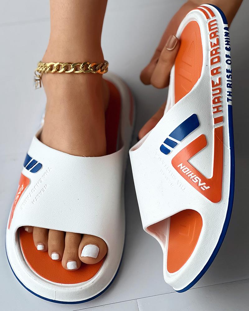 

Geometric Letter Pattern Soft Slippers, White&orange