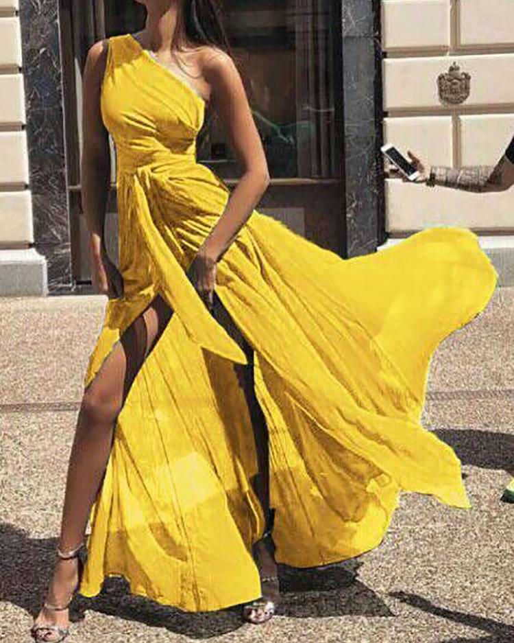 

One Shoulder Tie Waist High Slit Maxi Dress, Yellow