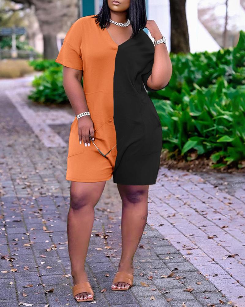 

Pocket Deisng Colorblock Short Sleeve Romper, Orange
