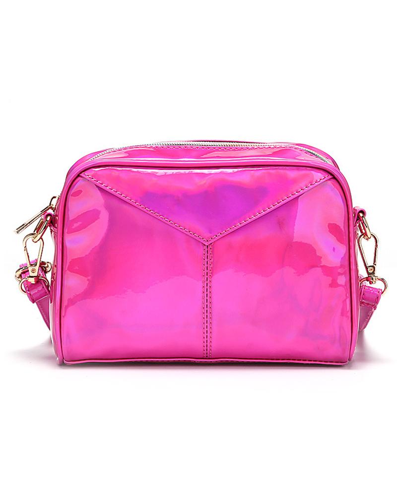 

Shiny Holographic Waterproof Zipper Square Cell Phone Change Shoulder Bag, Hot pink