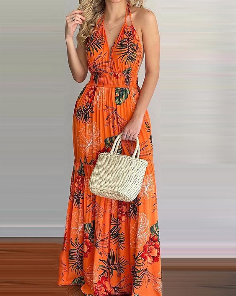 

Tropical Print Halter Backless Maxi Dress Summer Spring Vacation Sleeveless Sexy Boho Beach Dress Casual Floral, Orange