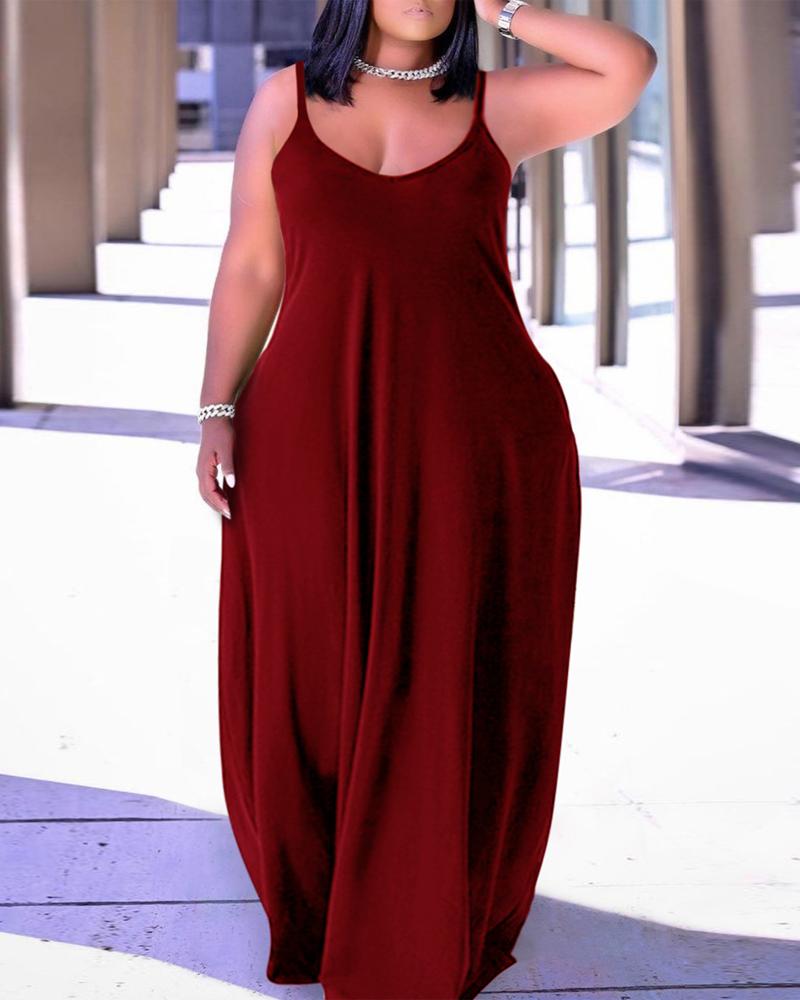 

Plus Size Plain Spaghetti Strap Maxi Dress, Wine red