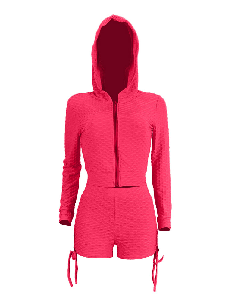 

Zip Up Hooded Crop Top & Drawstring Ruched Shorts Set, Pink