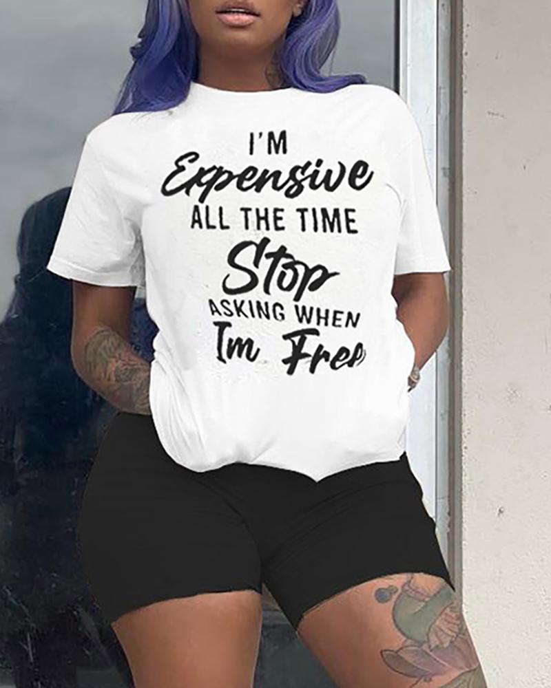 

Short Sleeve Letter Print Top & Plain Shorts Set, Black