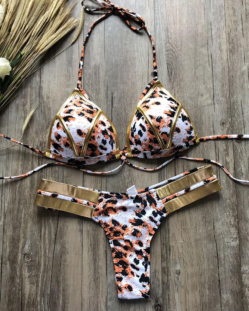 

Colorblock / Cheetah Print Cutout Halter Bikini Set, Leopard