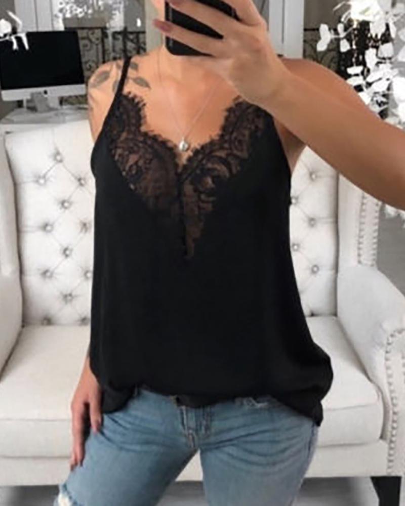 

Spaghetti Strap Lace Trim Top, Black