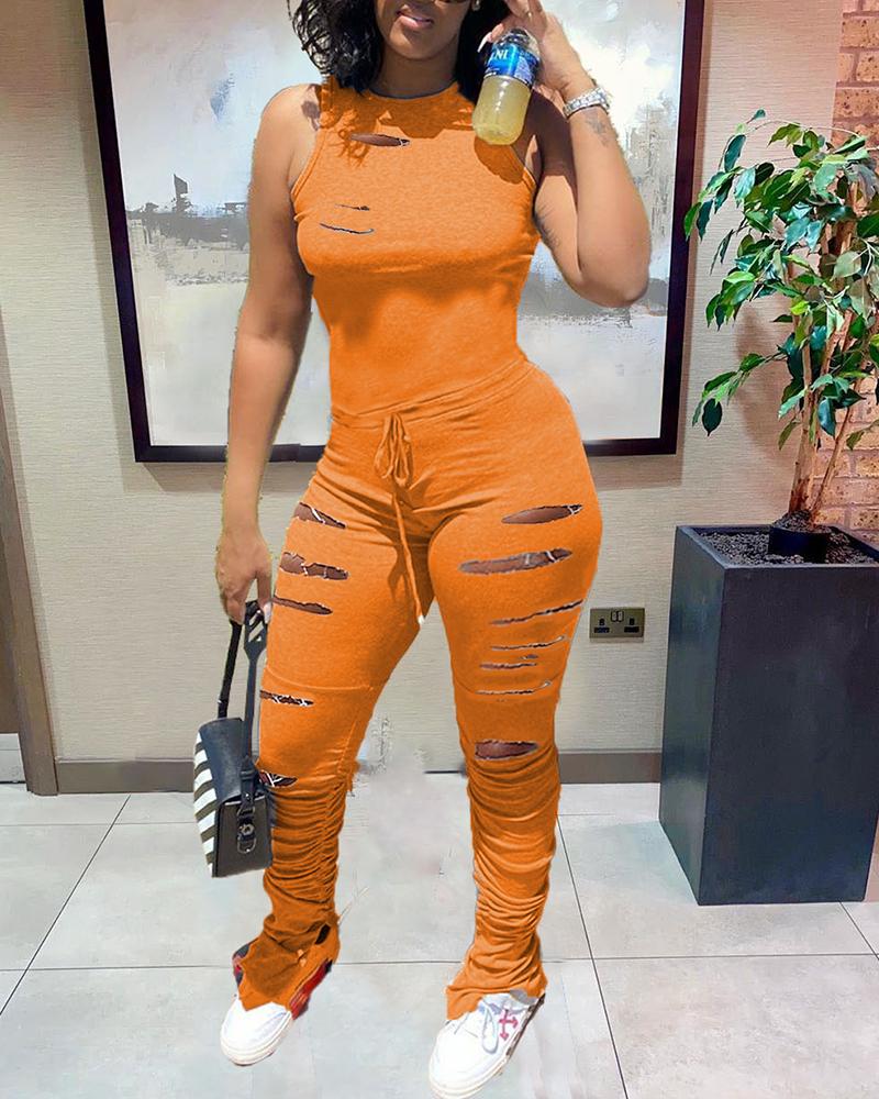 

Drawstring Cutout Ruched Skinny Jumpsuit, Orange
