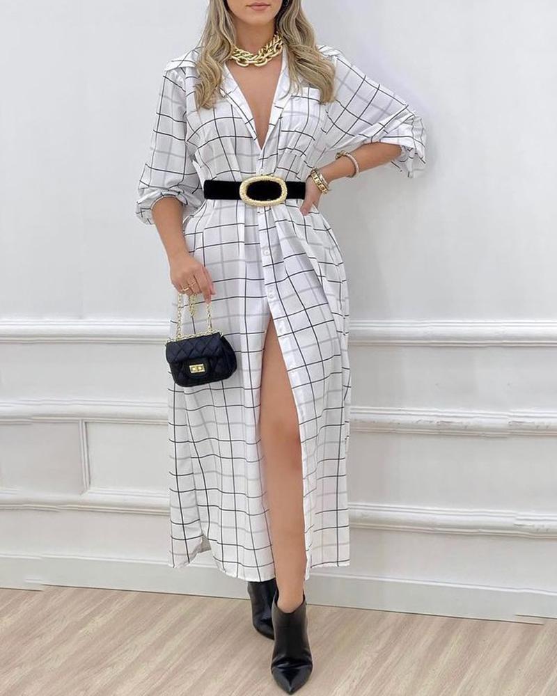 

Plaid Print Button Design Shirt Dress, White