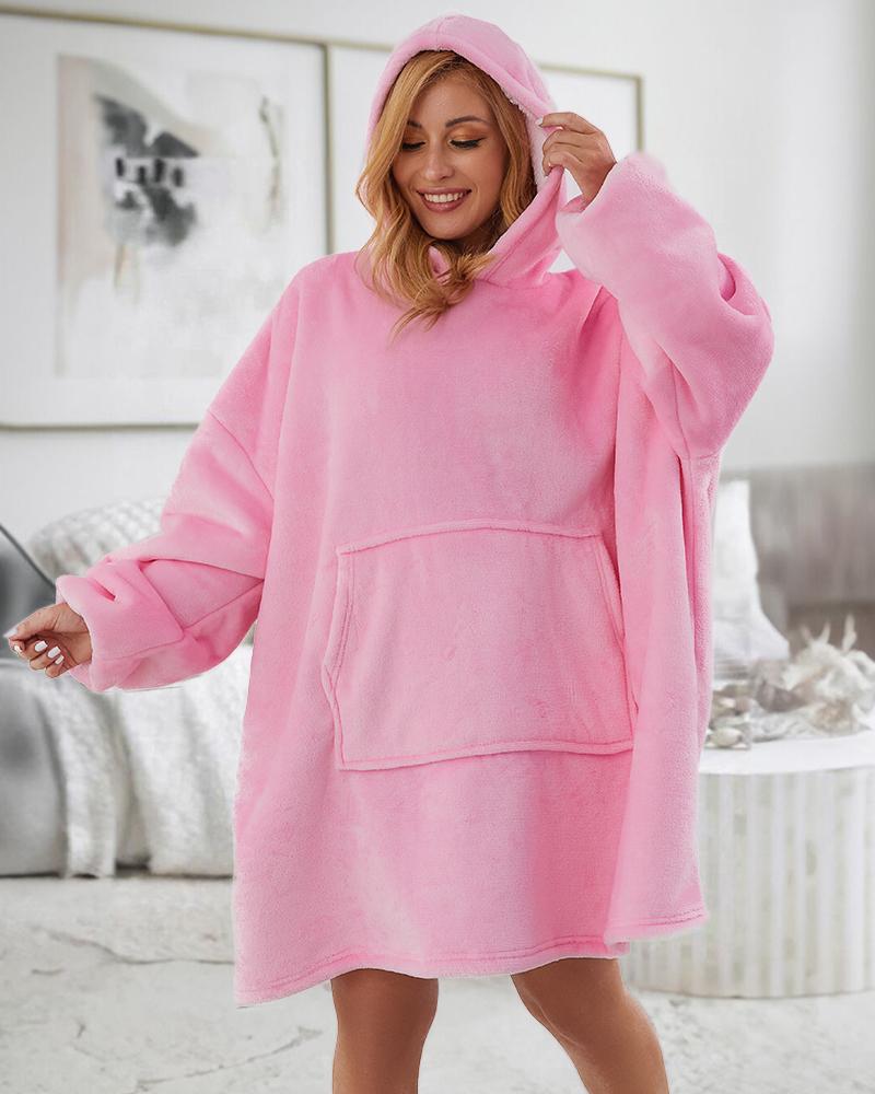 

Pocket Design Lantern Sleeve Fuzzy Blanket Hoodie, Pink