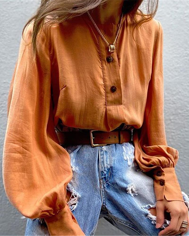 

Button Design Lantern Sleeve Shirt, Brown