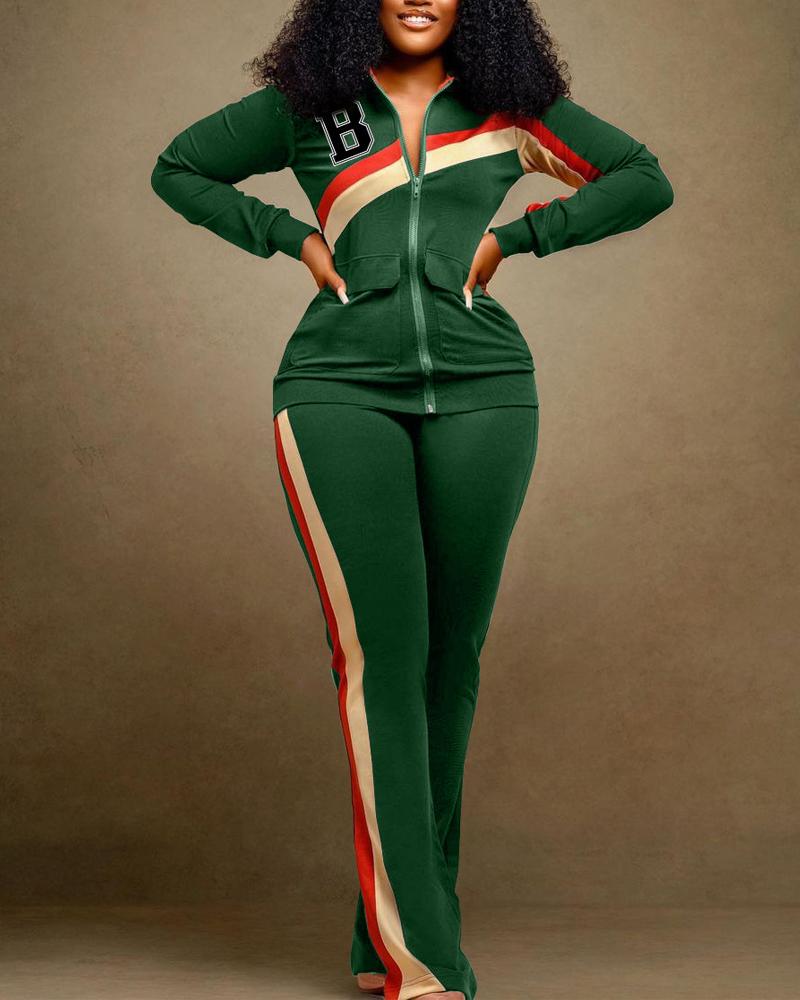 

Plus Size Contrast Paneled Letter Pattern Zip Up Top & Pants Set, Green