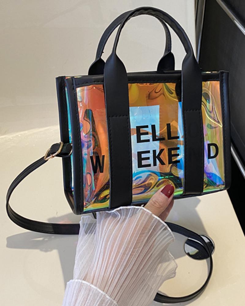 

Holographic Letter Large Capacity Top Handle Crossbody Tote Bag, Black