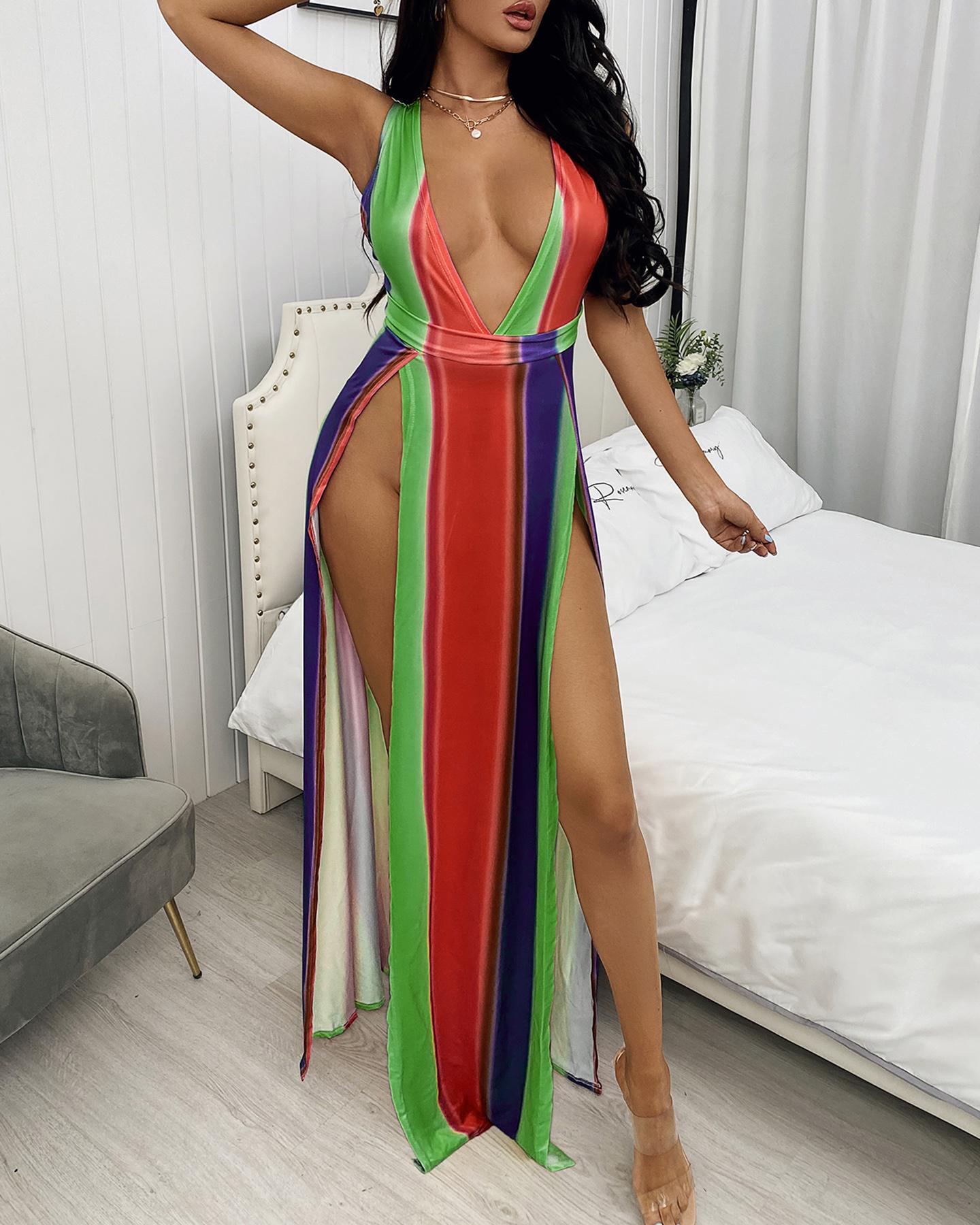

Colorful Rainbow Striped Thigh Slit Maxi Dress, Multicolor