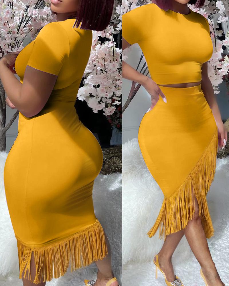 

Short Sleeve Top & Tassel Design Skirt Set, Yellow