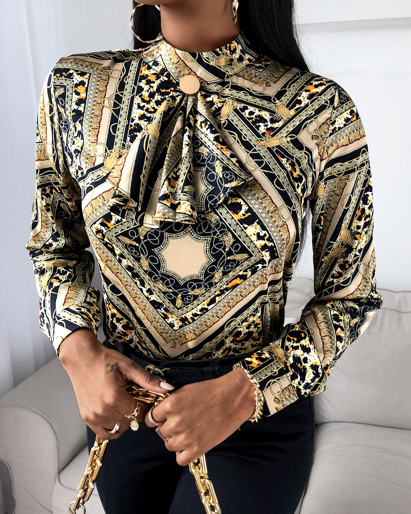 

Scarf Print Tie Frint Long Sleeve Shirt, Yellow