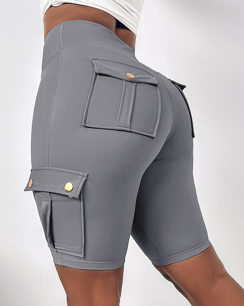 

Controle de barriga Levantamento de bumbum Shorts ativos Cintura alta Bolso com aba Bermuda de treino Cargo Shorts de corrida, Light gray