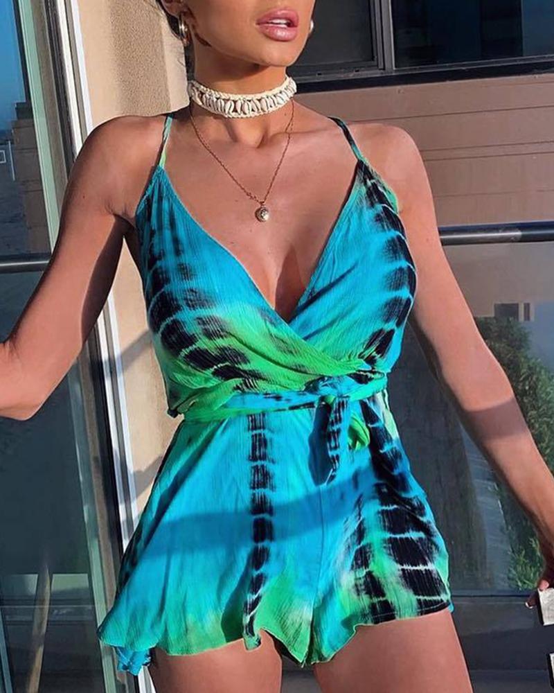 

Summer Deep V-Neck Tie Dye Print Mini Romper, Light blue