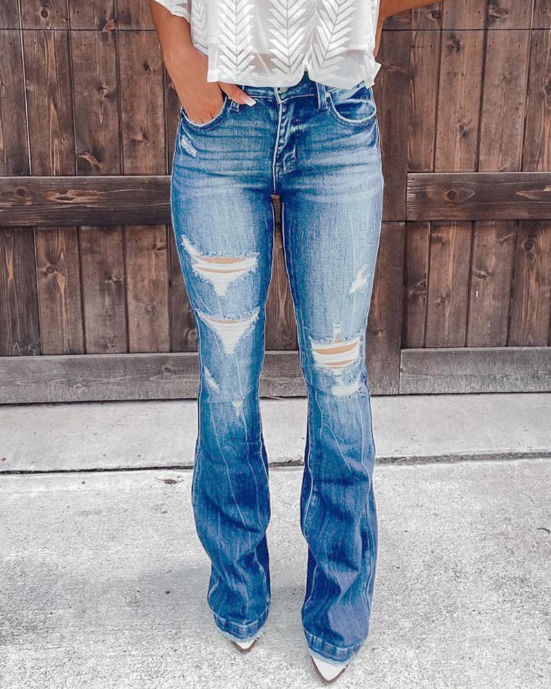 

Ripped Pocket Design High Waist Bootcut Jeans, Blue