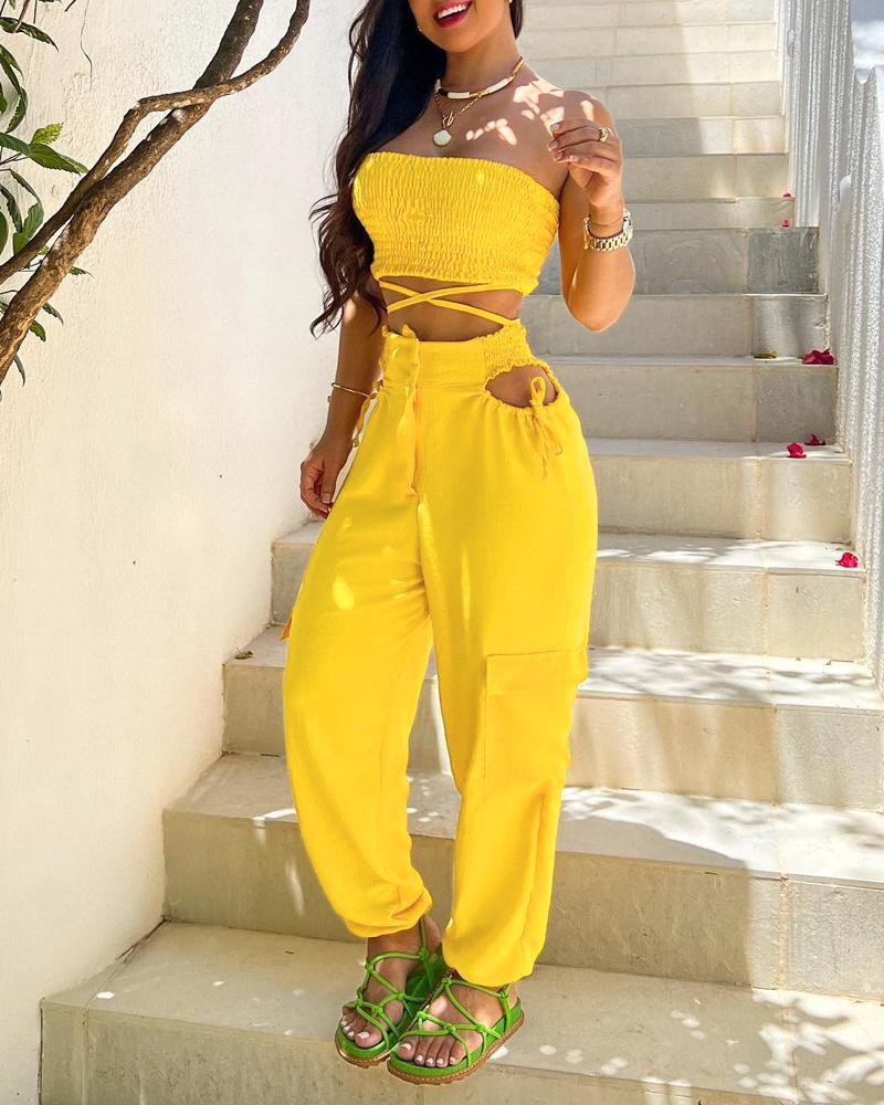 

Crisscross Shirred Crop Tube Top & Cutout Pants Set, Yellow