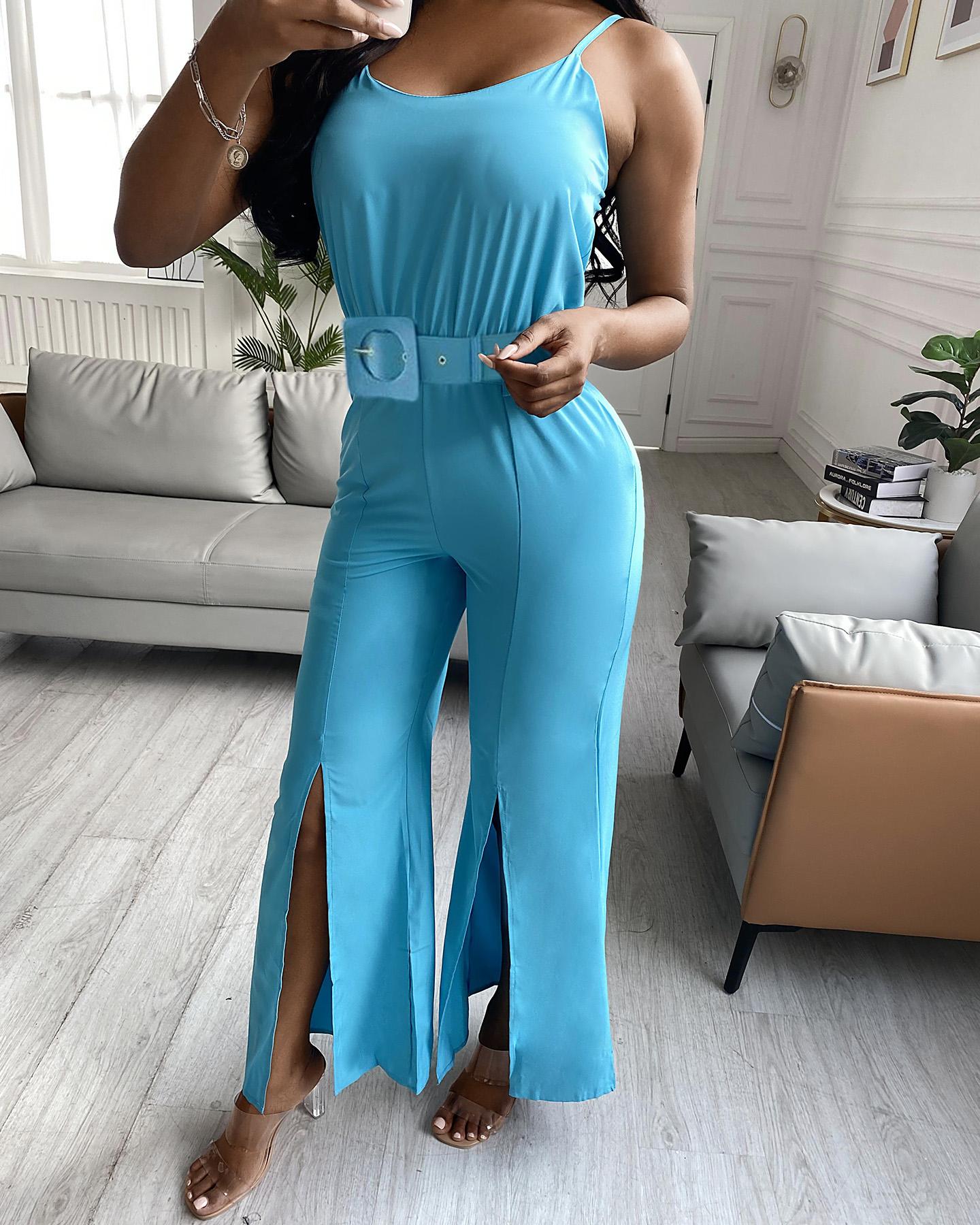 

Slit Leg Spaghetti Strap Jumpsuit With Belt, Blue