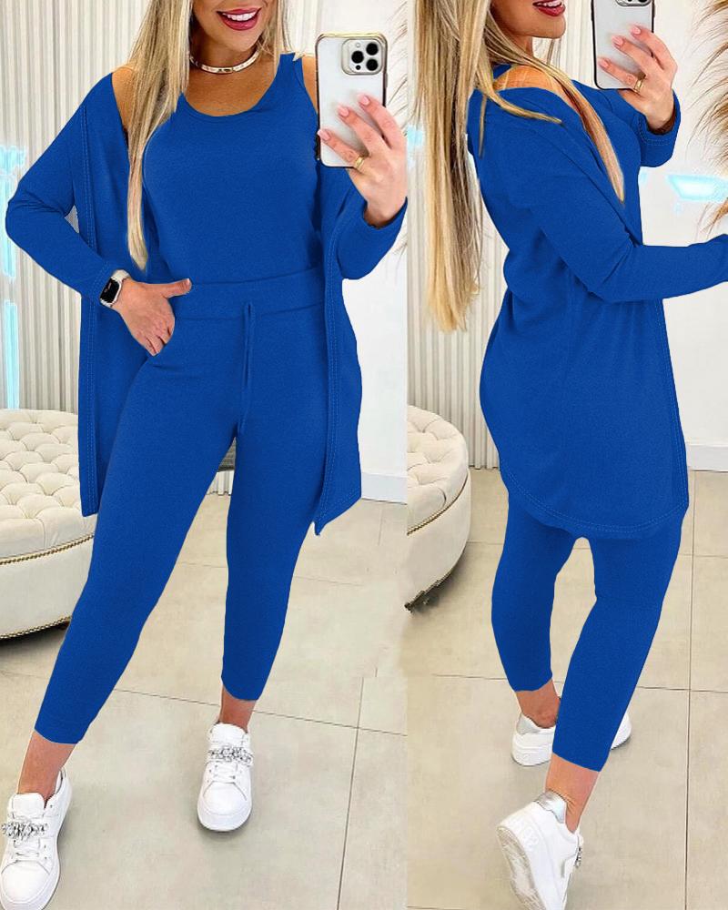 

Conjunto de 3 peças de regata com gola redonda e calças com design de bolso e casaco frontal aberto, Blue