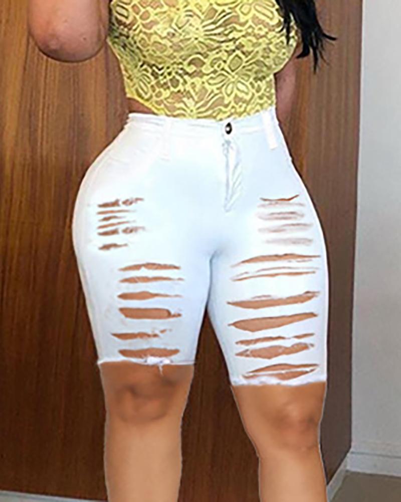 

Cutout Ripped Button Design Denim Shorts, White