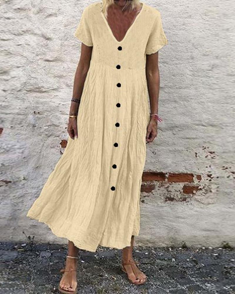 

Button Front V-Neck Casual Dress, Apricot