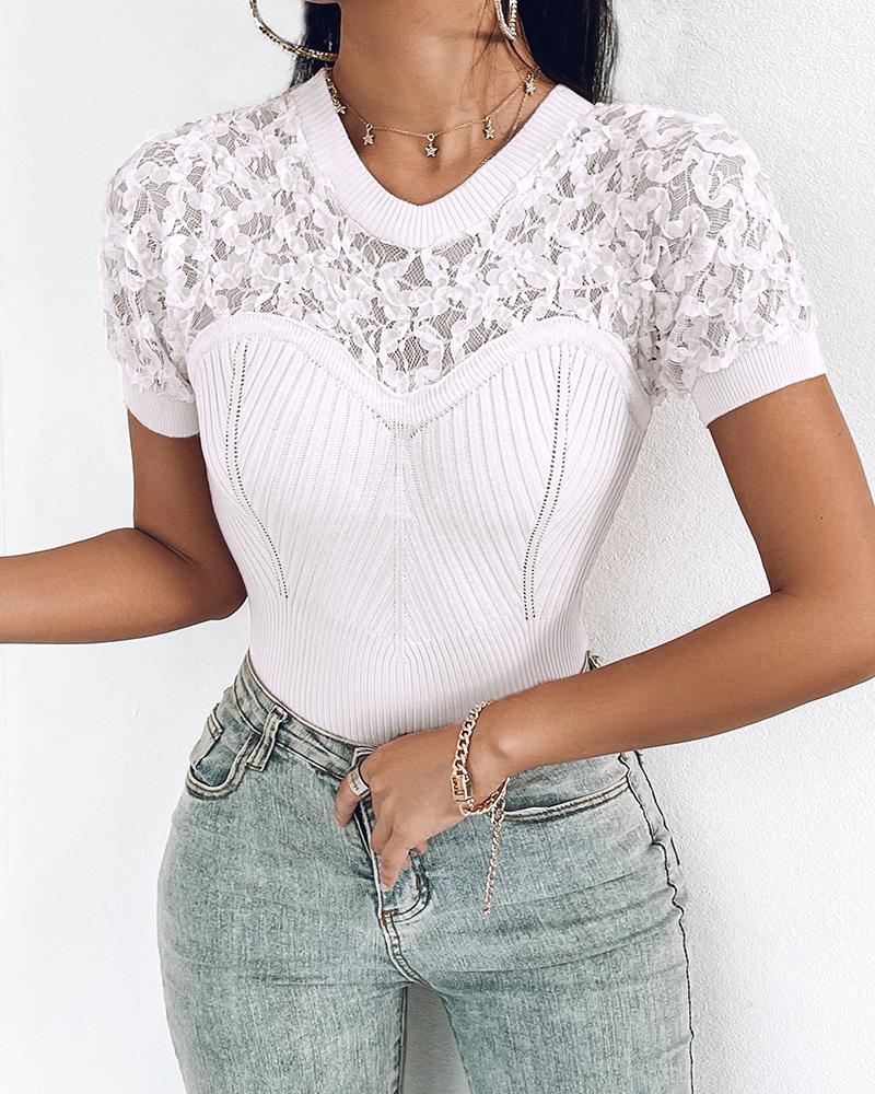 

V-Neck Lace Patch Short Sleeve Knit Sweater, White