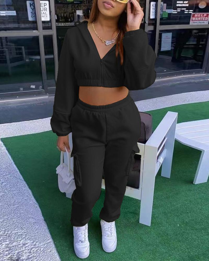 

Long Sleeve Hooded Zip Up Crop Top & Pants Set, Black
